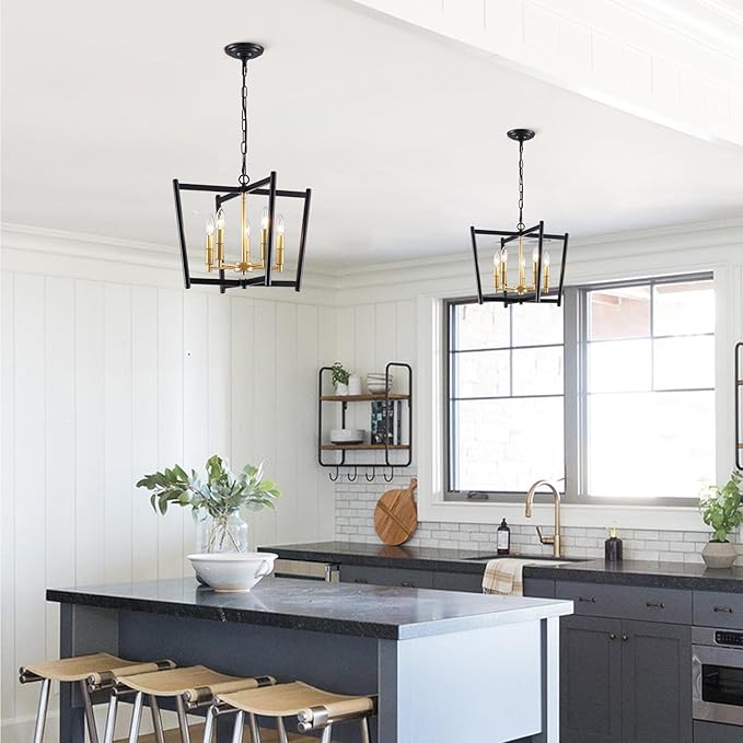 Black Gold Chandelier Light Fixture, Geometric Modern Farmhouse Pendant Light for Dining Living Room Entryway Kitchen Island Bedroom Chandelier, 5 Lights Metal Hanging Ceiling Light, 20 Inch