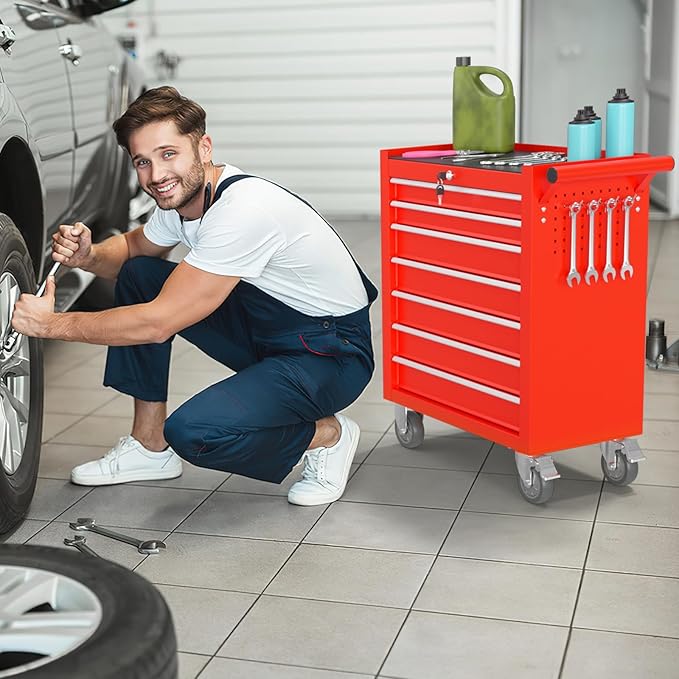 7-Drawer Rolling Tool Chest, Tool Box with 4 Wheels and Drawers, High Capacity Detachable Mobile Tool Storage Cabinet for Garage, Workshop, Mechanics and Repair Room (Red)