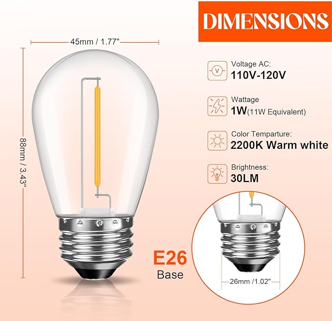 48 Pack Shatterproof LED Replacement Bulbs for Outdoor String Lights, S14 Edison Bulbs for Patio String Lights Outdoor Waterproof, Warm White 2200K, Dimmable, E26 Standard Base