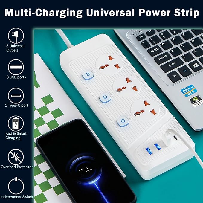 Universal Power Strip with USB C, 3 Outlets 3 USB and 1 USB C Ports, 6.5ft Power Cord, 2500W Circuit Breaker