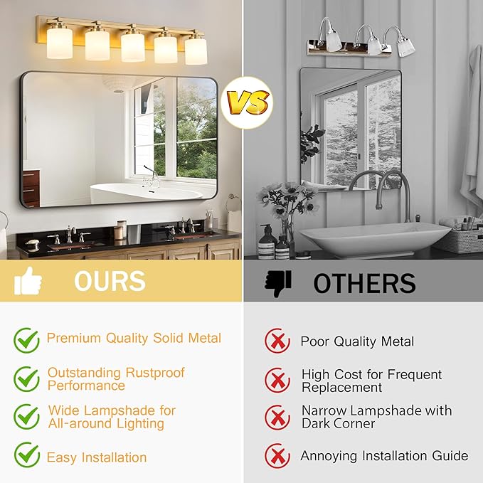 5 Light Modern Bathroom Light Fixtures Over Mirror, Brass Finish Vanity Lights for Bathroom Wall Sconces with Milky White Glass Shades, E26 Socket (Bulbs Not Included)