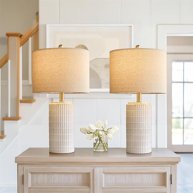PoKat 24" Modern Ceramic Table Lamps Set of 2 for Bedroom, White Bedside Lamps for Night Stands, Farmhouse Desk Decor Nightstand Table Lamps for Living Room End Table Beige