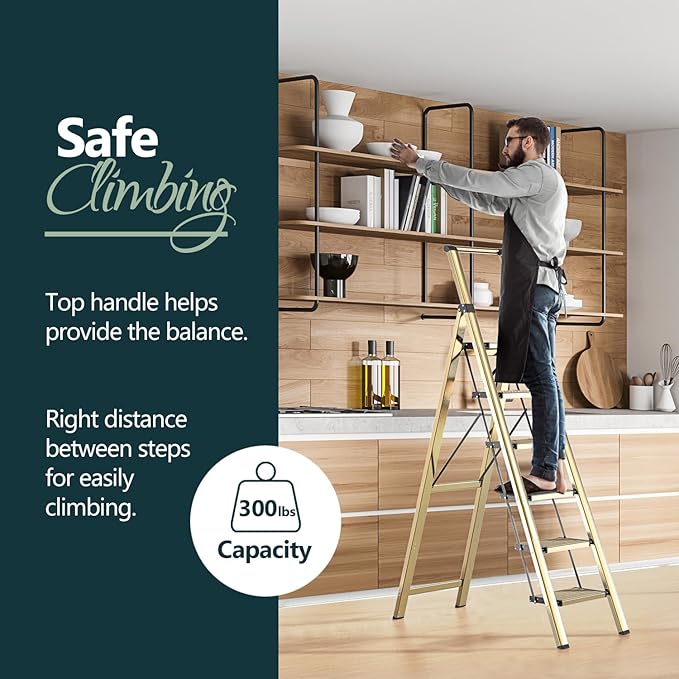 WOA WOA 6 Step Ladder, Lightweight Folding Ladder with Non-Slip Wide Pedals, Ladder with Safe Grip Handle, Easy to Open and Close, Suitable for Home and Outdoor - Brown Gold