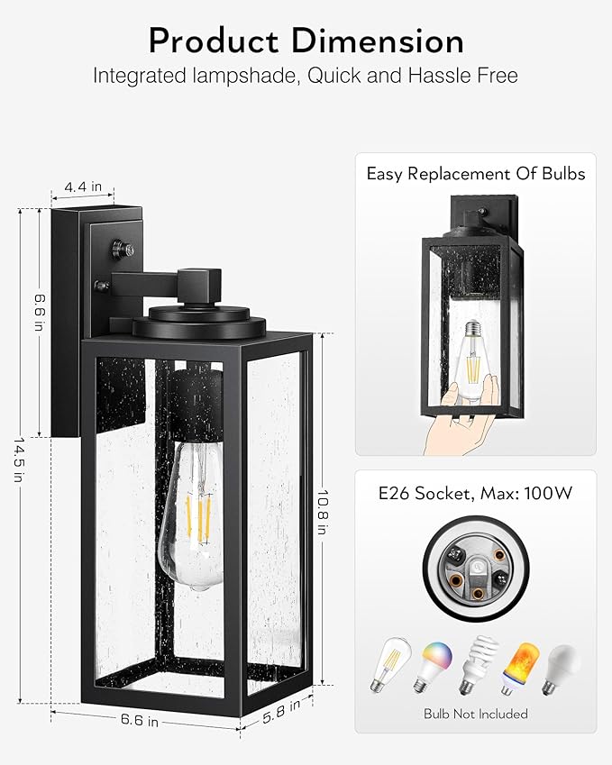 VIANIS 14.5" Large Dusk to Dawn Outdoor Lighting, Black Modern Exterior Lighting Fixtures with Tempered Glass, Anti-Rust Porch Lights Outdoor for House, Outdoor Wall Lights, 2-Pack (Hardwired 120VAC)