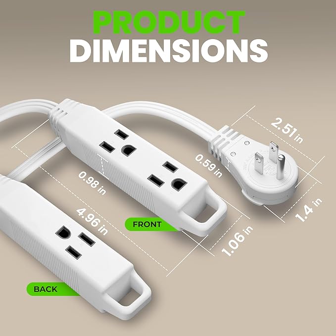 GEARit 360 Rotating Flat Plug Extension Cord (8ft, White) Multi 3-Outlet Extension 16 AWG Wire, Adapter for Small Spaces, Right Angle Socket, ETL Certified - 8 Feet