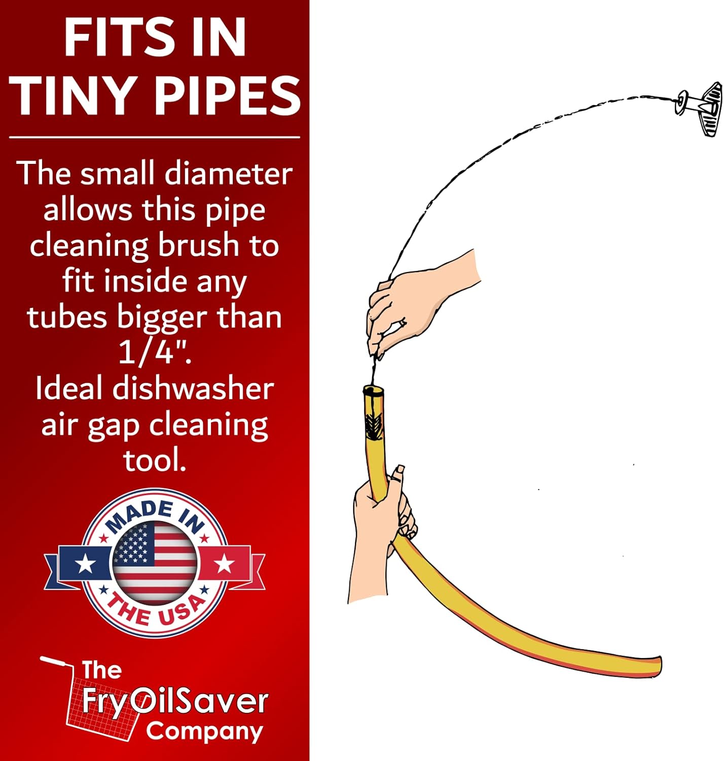 48" Air-Gap Drain Pipe Cleaning Brush, Flexible Dishwasher Cleaning Brush in Home & Commercial Kitchen Pipes, Garbage Disposal, Sink, Unclogger Long Sink Snake Drain Pipe Tool by FryOilSaver Co B291C