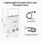 Hillhub Portable Propane Tankless 34,000BTU Water Heater, 1.32GPM Outdoor Shower Water Heater for Camping 5L, Anti-freezing Protection