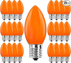 C9 Orange Halloween Incandescent Light Bulbs, 25-Pack E17 Base, Waterproof Outdoor Pathway & Yard Lighting, Halloween Decorations, Spooky Glow for Parties & Events