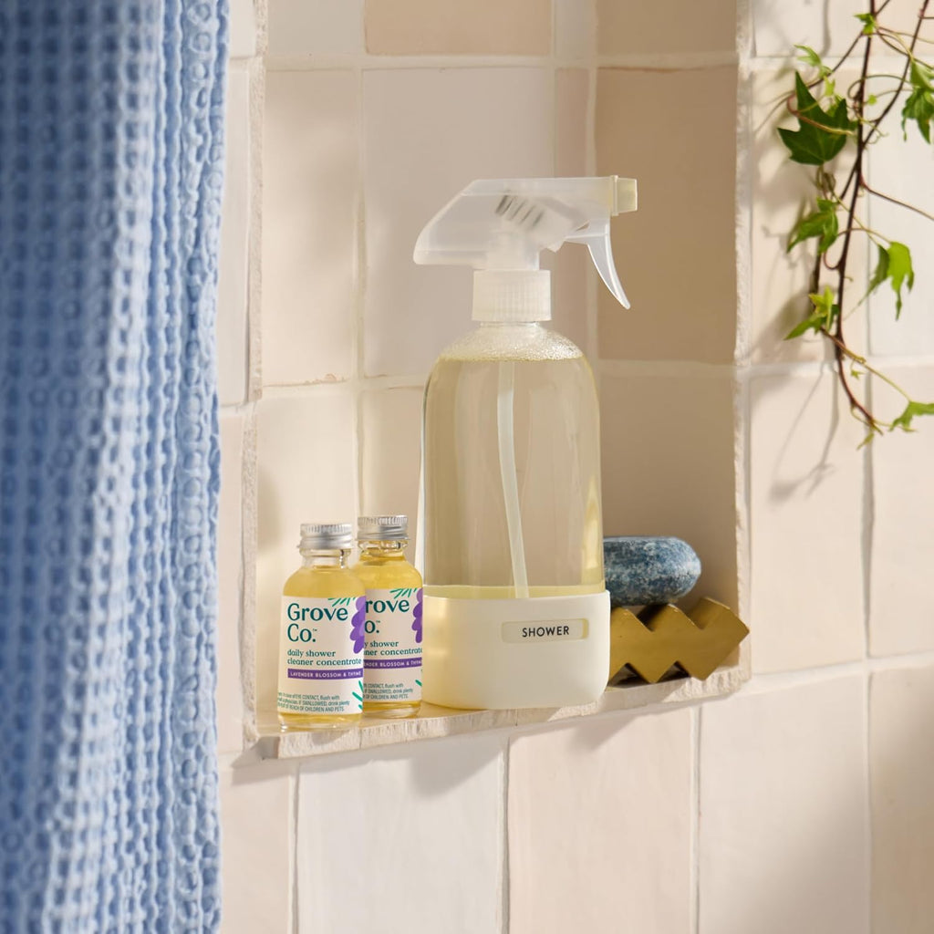 Grove Co. Daily Shower Cleaner Refill Concentrate (6 x 1 Fl Oz), Creates 32 Oz Cleaner, Removes Soap Scum, Scrub-Free, Plant-Based Household Cleaning Supplies, Lavender Blossom & Thyme Fragrance