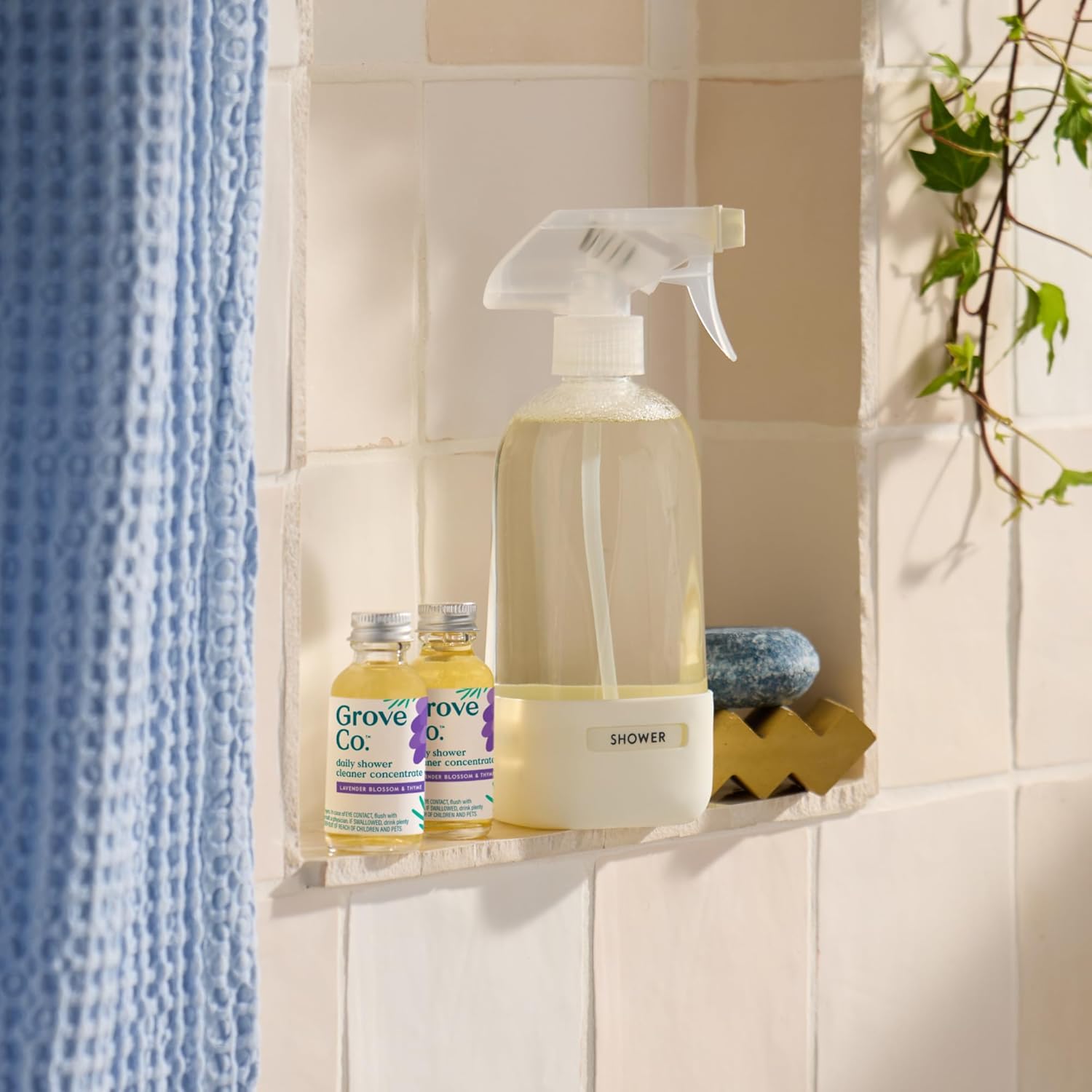 Grove Co. Daily Shower Cleaner Refill Concentrate (6 x 1 Fl Oz), Creates 32 Oz Cleaner, Removes Soap Scum, Scrub-Free, Plant-Based Household Cleaning Supplies, Lavender Blossom & Thyme Fragrance