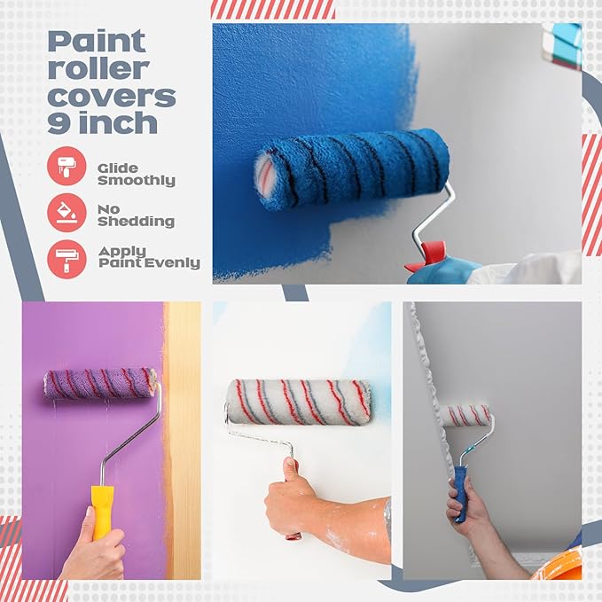 Leumoi 120 Pcs Paint Roller Covers, 1/2 Nap 9" Roller Covers, High Capacity Microfiber Naps for Wall Paint Kit Home Repair Tools Painting Supplies(Red Gray)