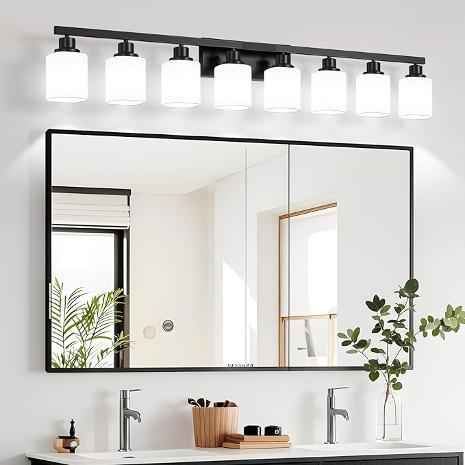 8 Light Bathroom Vanity Light,Modern Matte Black Bathroom Light Fixtures Over Mirror with Square Frosted Glass,Wall Sconces for Restroom,Living Room Hallway E26