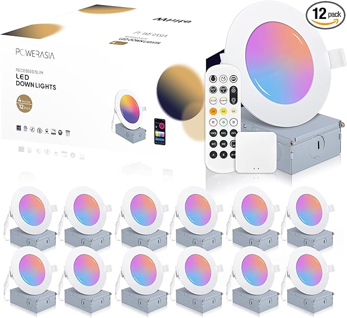 12 Pack Smart Recessed Lighting 4 Inch, Ultra-Thin LED Recessed Lighting 9W 700LM Smart Downlight with Junction Box, Compatible with Alexa/Google Assistant - ETL and Energy Star Certified