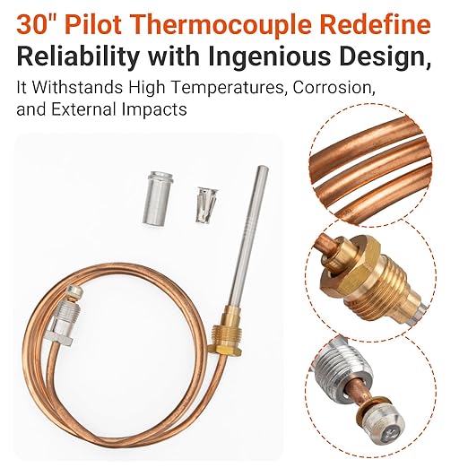 30Inch Thermocouple Compatible with Honeywell Water Heaters, CQ100A1039 Gas Furnaces Thermocouple for Twist-in, Clamp-in and Push-in Type Pilot Burners, Boilers Thermal Coupler Parts