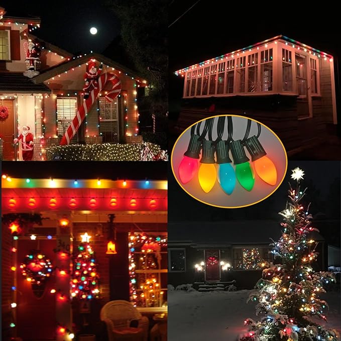 C7 Multicolor Christmas Light Bulbs, 25 Pack C7 Multicolor Ceramic Replacement Bulbs Vintage Incandescent Light Bulb for Christmas String Lights, E12 Candelabra Base- 5 Watts