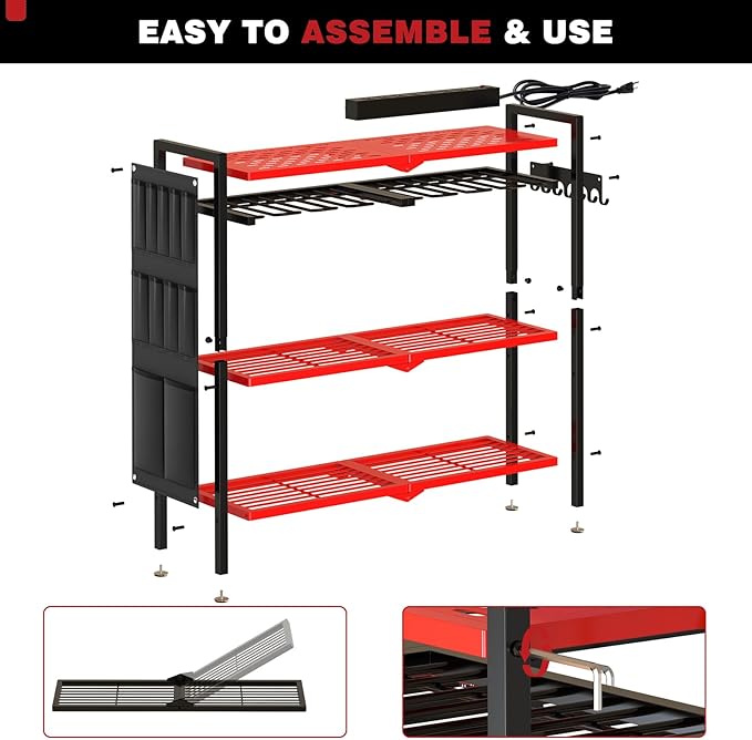 Large Power Tool Organizer Cart with Charging Station 8 Drill Holder Garage Storage Standing Heavy Duty and Stability Storage Rack Utility Tool Shelf (Red)