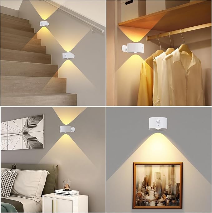 UP&Down Light Source Wall Sconces with Motion Sensor, Cordless LED Wall Night Lights 360°Rotate & Rechargeable Battery Operated, 3 Brightness, Indoor Motion Detection Wall Lamps for Pic Corridor-White