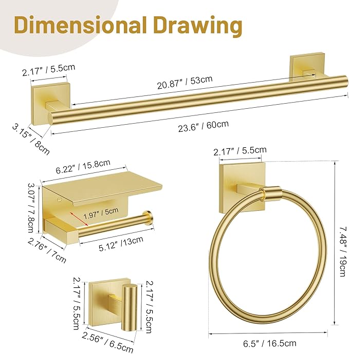 5 Pieces Brushed Gold Bathroom Hardware Set, SUS304 Stainless Steel Bathroom Accessories Set 23.6 inches Towel Bar, Toilet Paper Holder with Shelf, Towel Ring and Two Towel Hooks Wall-Mounted