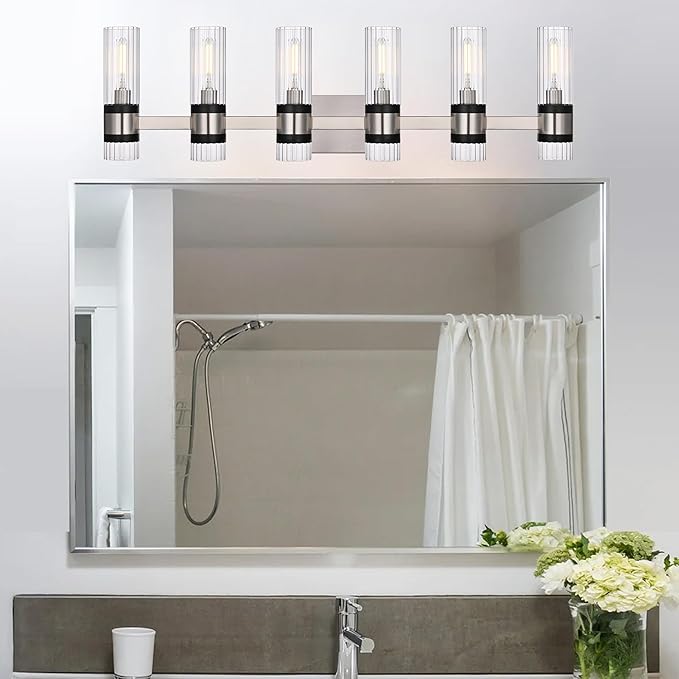 MELUCEE 6 Light Black Vanity Lighting Fixture with Ribbed Clear Glass Shade, Vanity Bathroom Light Fixture Over Mirror Industrial Wall Mounted Sconces Lighting, E12 Base
