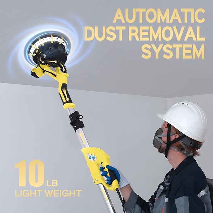 Drywall Sander, 2025 Upgraded 8-Amp Popcorn Ceiling Removal Tool with 7 Variable Speed 800-1800RPM, Drywall Sander with Vacuum Dust Collector with Extendable Handle, LED Light, 12pcs Sanding Discs