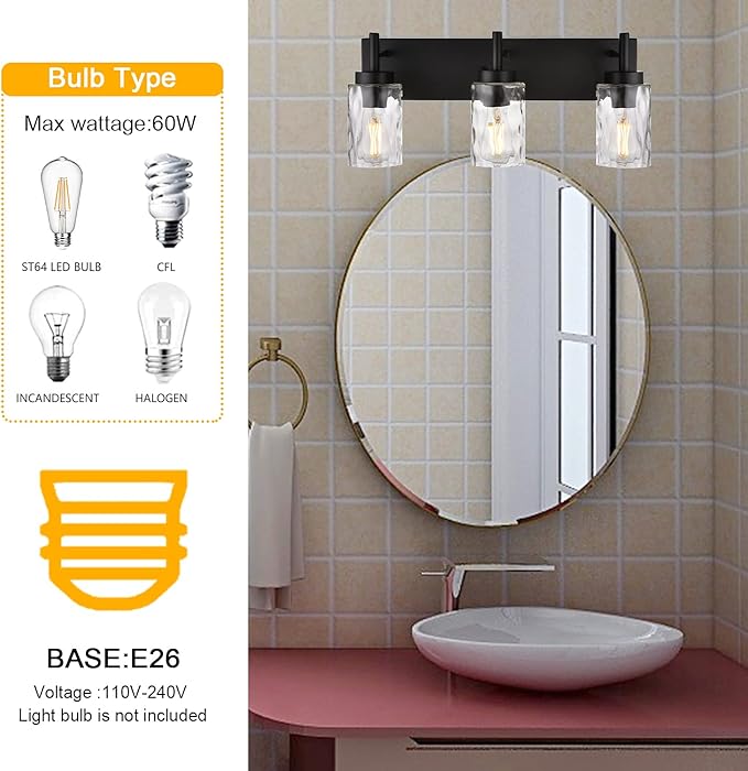 BONLICHT Vanity Light Fixtures 3 Light Modern Wall Sconces Lighting Black Bathroom Lights Wall Mounted with Hammered Glass Shade,Farmhouse Wall Light for Mirror Cabinets, Powder Room, Dressing Table