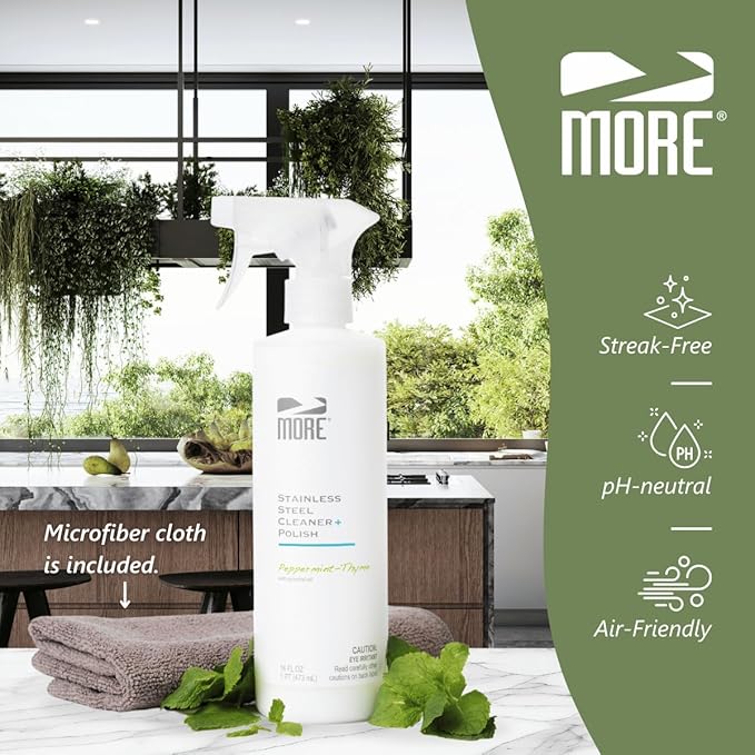 MORE - Stainless Steel Cleaner & Polish Spray + Microfiber Cloth - Stainless Steel Cleaner for Appliances, Sink, Fridge & Grill - Water-Based Streak-Free Formula - Peppermint Essential Oil Scent 16 oz