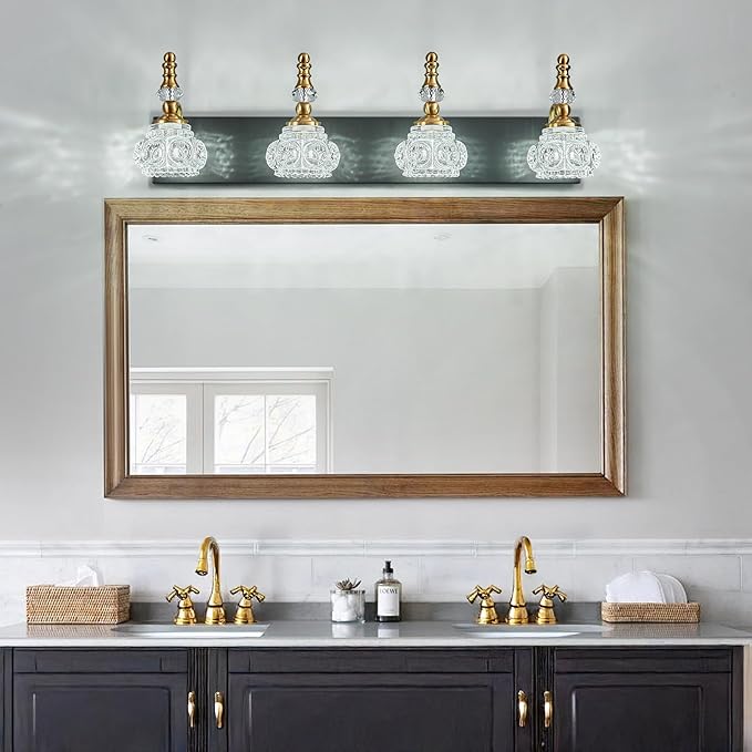Bathroom Light Fixtures, Modern Glass Crystal Bathroom Vanity Light Vintage Bathroom Lighting Fixtures Over Mirror 4 Light Vanity Lights G9 Bulb (27.55 Inch, Black Gold)