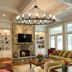 53” Black Large Wagon Wheel Chandelier,Vintage Rustic Farmhouse Chandeliers 18-Lights,Round Metal Industrial High Ceiling Pendant Light with Adjustable Height for Kitchen,Foyer,Porch,Living room