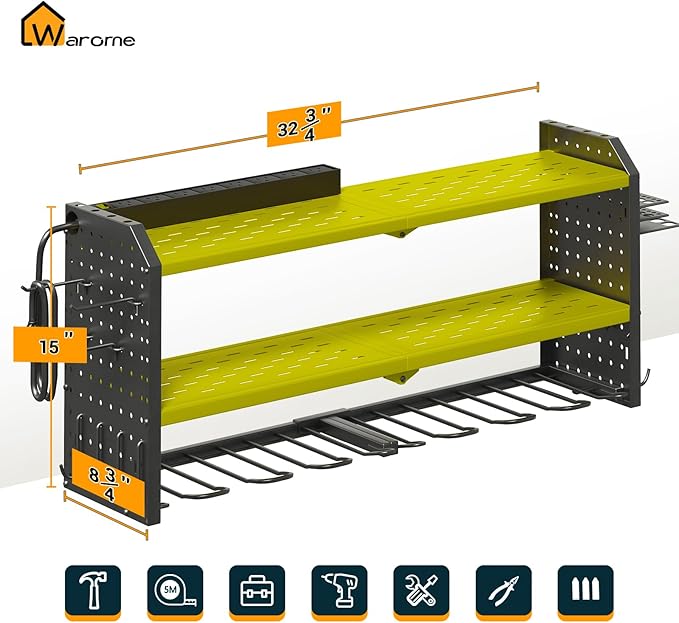 Warome Garage Power Tool Organizer with 8-Outlet Power Strip, Tool Storage Rack Wall Mount with 8 Cordless Drill Holders, Tool Organization Shelf with Charging Station in Green