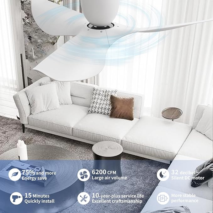 52-Inch White Ceiling Fan Without Light, Modern Low-Profile Flush Mount Fan with Remote, 6-Speed Reversible Quiet DC Motor,for Patio, Living Room, Bedroom (No Light)