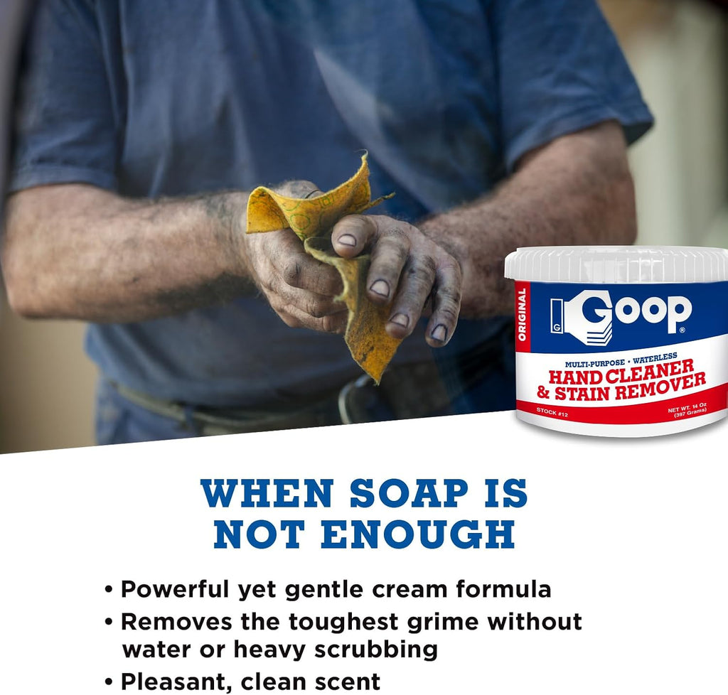GOOP Multi-Purpose Hand Cleaner- Waterless Hand Degreaser, Laundry Stain Remover - NonToxic and Biodegradable Cleaner Remove Dirt, Oil, Paint, Ink, and Clothes Stains Original, 14oz Pack of 1