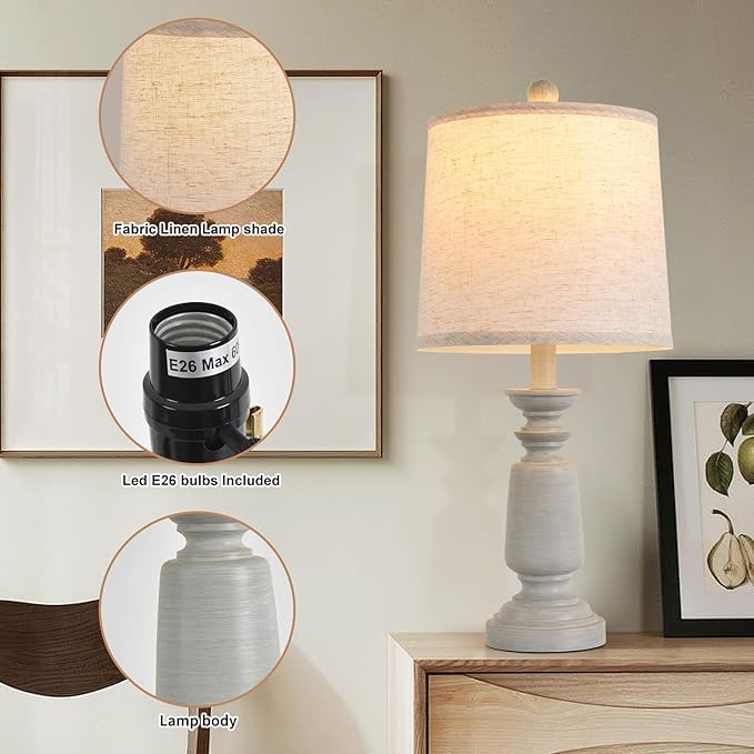Terpsichore Lamps Set of 2 Modern Farmhouse Table Lamp Bedside Reading Lights Living Room End Lamps Bedroom Night Light,High 22.5 Inch,Antique Grey,with Fabric Lamp Shade,Bulb Not Included