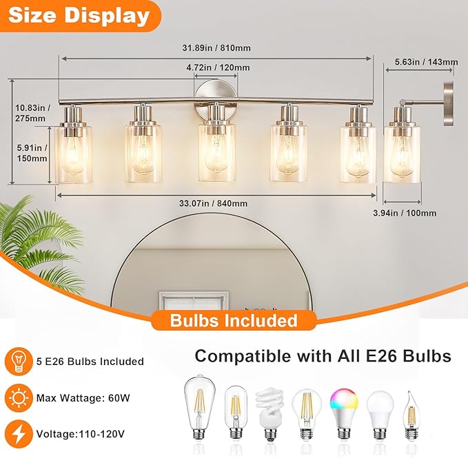 DLLT 5-Light Bathroom Light Fixtures: Nickel Modern Vanity Lights with E26 Bulbs - Clear Glass Shade Bathroom Wall Lamp for Mirror Kitchen Living Room Hallway Cabinet Porch