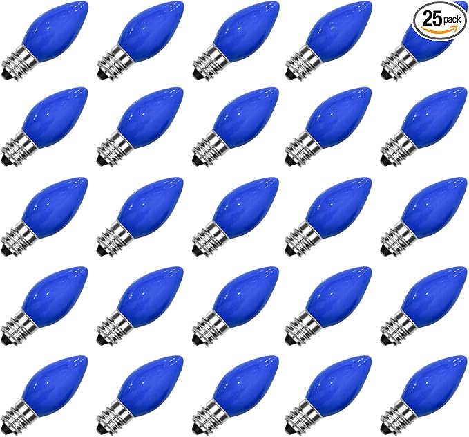 SUNSGNE C7 Blue Christmas Incandescent Light Bulbs, 5 Watt E12 Candelabra Base - Great for Patio, Night Lights, Chandelier Light Bulbs, Candelabra Bulbs, Christmas Decoration, Pack of 25