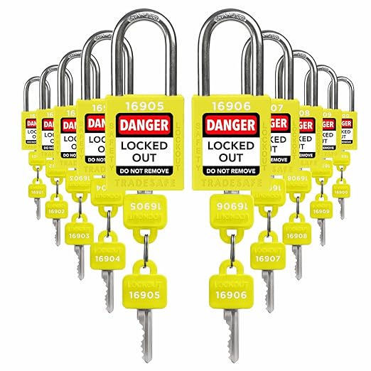 TRADESAFE Lockout Tagout Locks Set - 10 Yellow Loto Locks, Lockout Locks Keyed Different, 2 Keys Per Lock, OSHA Compliant Lock Out Tag Out Padlocks, Safety Padlocks for Electrical Lockout Tag Out Kits