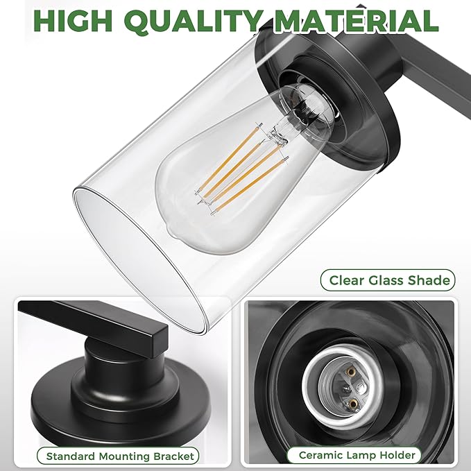 DORESshop 2-Light Black Bathroom Light Fixtures Over Mirror with Clear Glass Shade, Vanity Lights for Bathroom Mirror Hallway Bedroom Living Room, ETL Listed