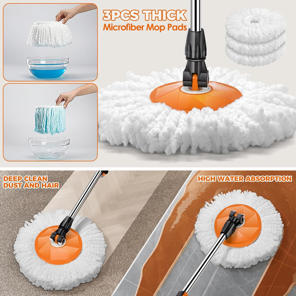 Spin Mop and Bucket with Wringer Set, Double Bucket Separate Dirty Water, 360° Spinning Mop System with 3 Microfiber Mop Heads, Clean Water Mop Set for Floor Cleaning