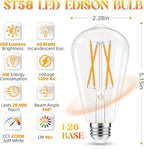 Edison Bulbs, E26 LED Bulb 60 watt Equivalent, Non-Dimmable, Soft White 2700K, ST58 Vintage Light Bulbs, 90+ CRI, 6W 600LM, E26 Medium Base, Clear Glass, 12 Pack