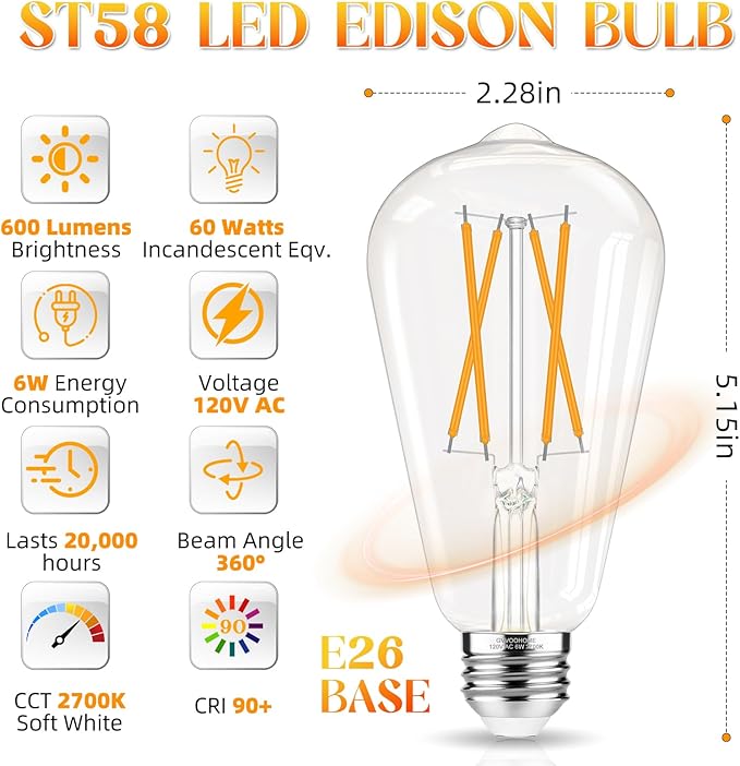 LED Edison Bulbs, E26 Bulb 60 watt Equivalent, Non-Dimmable, Soft White 2700K, ST58 Vintage Light Bulbs, 90+ CRI, 6W 600LM, E26 Medium Base, Clear Glass, 6 Pack