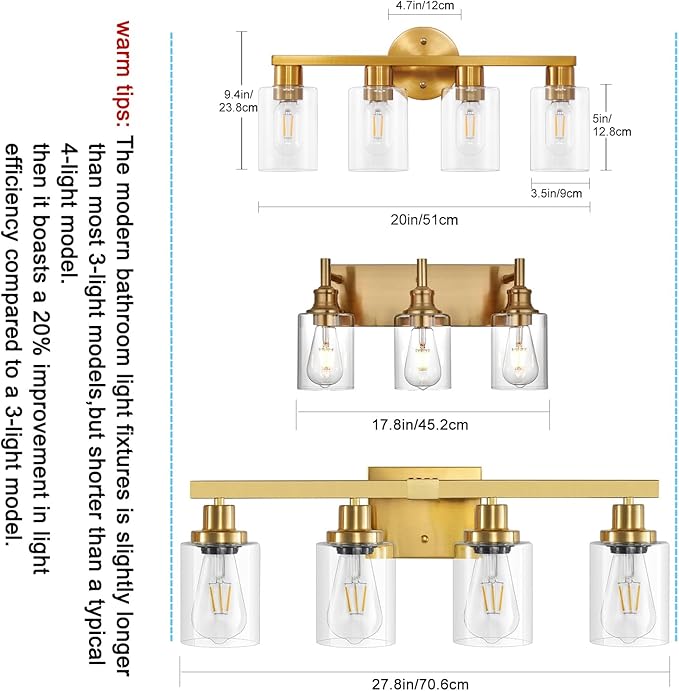 4 Light Gold Bathroom Vanity Light, Brushed Brass Bathroom Light Fixtures with Clear Glass Shade, Modern Wall Lamp Sconce Lighting for Bath Mirror Bedroom Living Room Hallway Porch