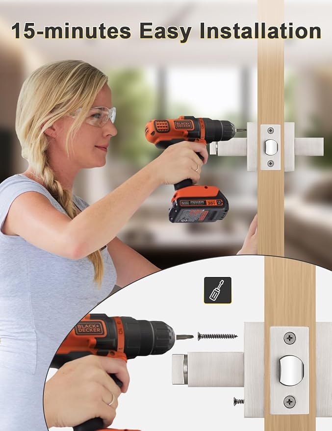 4 Pack Privacy Square Brushed Nickel Door Handles Interior, Keyless Door Knobs for Bedroom/Bathroom, Reversible for Left Right Handed Doors