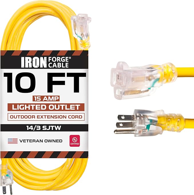 Iron Forge Cable Weatherproof 10 Ft Outdoor Extension Cord - 14/3 SJTW 15 Amp Heavy Duty Yellow Extension Cord 3 Prong - Lighted End