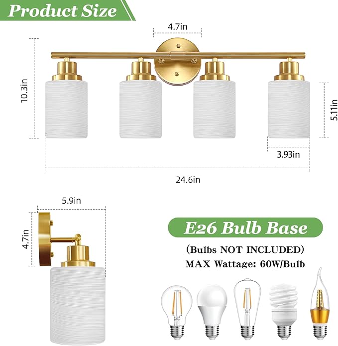 4-Light Vanity Lights, Brushed Gold Bathroom Light Fixture with Striped Textured Milky White Glass Shade, Modern Vanity Lighting Fixture for Bathroom Wall Light Over Mirror, E26 Wall Sconce