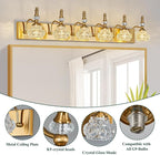 Modern Glass Crystal Vanity Light - Vintage Bathroom Lighting Fixtures Over Mirror 6 Light Vanity Lights G9 Bulb (43.3 Inch, Gold)