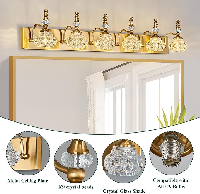Modern Glass Crystal Vanity Light - Vintage Bathroom Lighting Fixtures Over Mirror 6 Light Vanity Lights G9 Bulb (43.3 Inch, Gold)