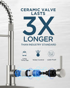 FORIOUS LED Kitchen Faucet with Soap Dispenser, Brushed Nickel Stainless Steel Traditional Spring Commercial Pull Out Sink Faucet with Pull Down Sprayer for Laundry RV Camper Bar Farmhouse