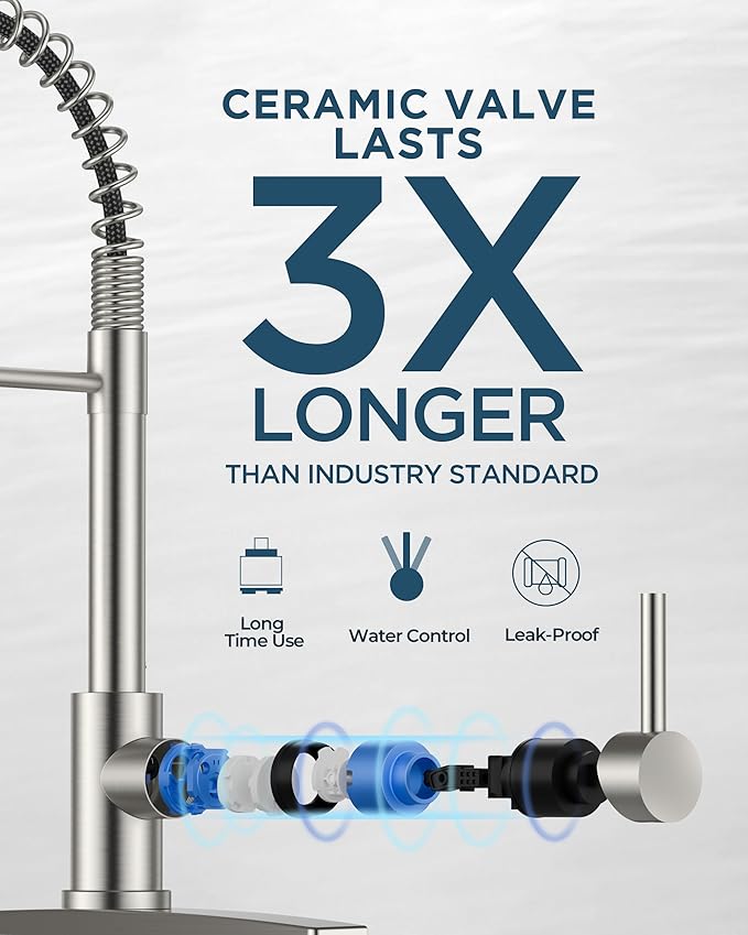 FORIOUS Kitchen Faucet with Soap Dispenser, Burhsed Nickel Stainless Steel Single Handle Modern Spring Commercial Sink Faucet with Pull Down Sprayer for Laundry & Utility Room RV Camp Bar Farmhouse