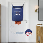 Fine Living Co. Large Hanging Laundry Hamper with Over Door Hooks & Adhesive, Durable Space Saving Laundry Bag with Zipper and Wide Open Top, Hanging Dorm Laundry Hamper (Navy Blue with Print-XL)