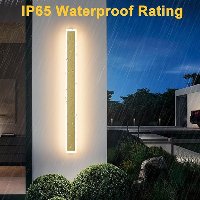 Aipsun Outdoor Wall Sconce 30W LED Modern Porch Patio Wall Light Fixture Gold Exterior Wall Lights Long Strip Frosted White Acrylic 3000K for House Living Room Corridor(2 Packs)