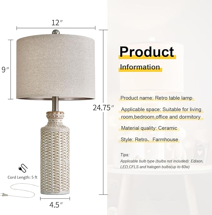 24.75'' Farmhouse Cream-White Ceramic Single Table Lamp for Bedroom Living Room Vintage Traditional Rustic Modern Nightstand Bedside Lamps